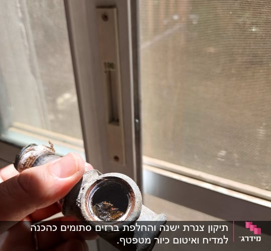 יד מחזיקה צינור חלוד עם חלודה בפנים